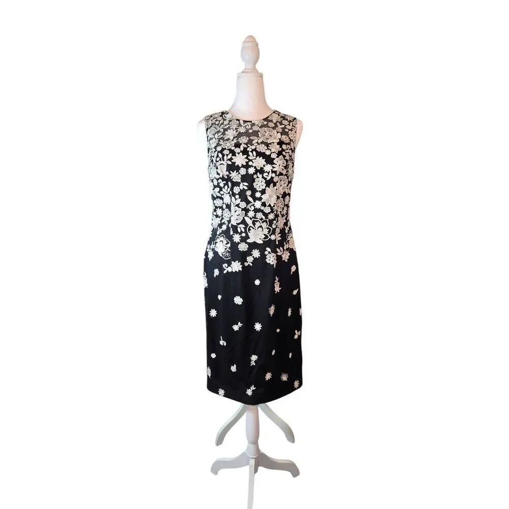 White House Black Market Women's Size 6 Black/White Embroidery Chiffon Dress